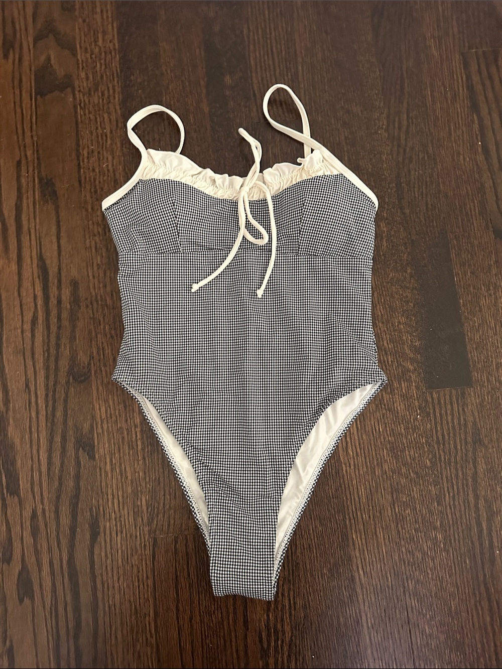 Cream-Trim Black Gingham One-Piece Swimsuit, never worn